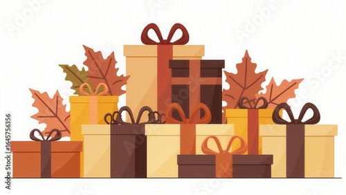 A festive arrangement of gifts wrapped with ribbons and decorated with autumn leaves creates mood.