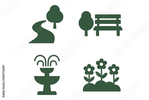 Urban Park Icons Set – City Green Spaces, Recreation Areas, and Outdoor Activity Symbols