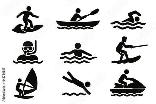 Water Sports Icons – Vector Set of Aquatic Activities and Equipment Symbols