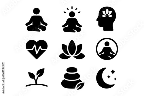 Mindfulness Icons – Meditation, Mental Wellness, and Calm Lifestyle Symbols