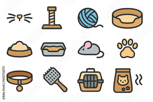 Colorful cat supplies icons: toys, bed, litter box, mouse, carrier, collar