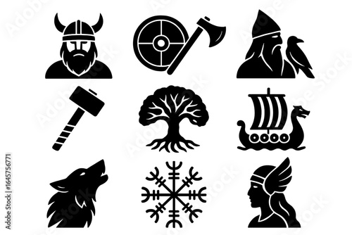 Set of Norse Mythology Silhouettes in Minimal Style
