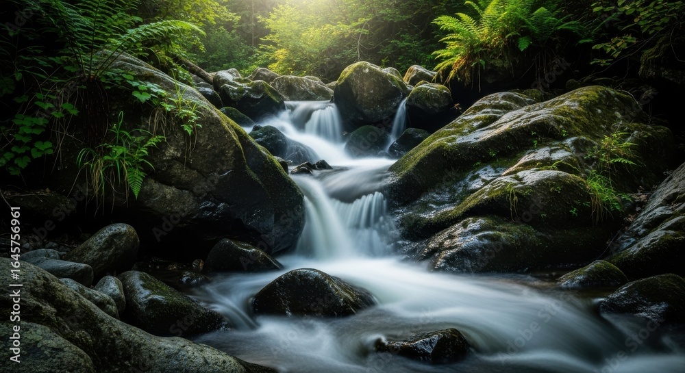 Fototapeta premium Captivating river landscape with blurred water flowing over rocks in a lush green forest