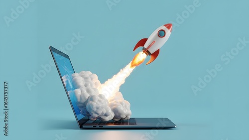 A powerful rocket launching from an open laptop symbolizing rapid business growth technological innovation and successful startup launch against a clean blue background