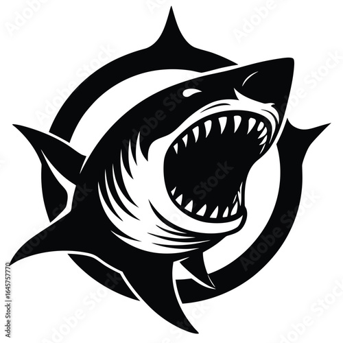 Aggressive Black and White Shark Emblem with Open Mouth and Sharp Teeth Inside a Circle great white shark