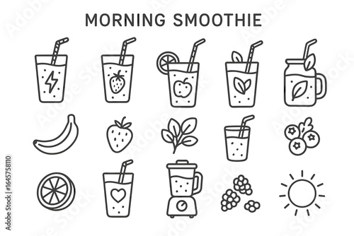 Morning smoothie icons: fruits, blenders, and refreshing ingredients collection