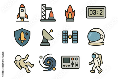 Space exploration icons set: rocket, astronaut, satellite, helmet, flame, console, timer, antenna