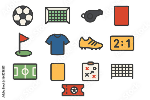 Flat vector icons of soccer equipment and field elements