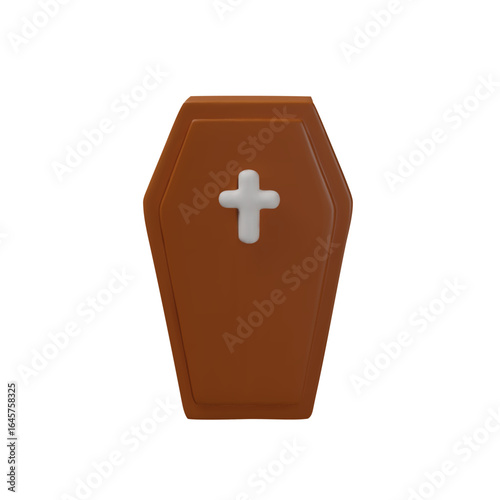 3D brown coffin with white cross front, isolated on white background, cartoon-style Halloween decoration for spooky and horror concepts.