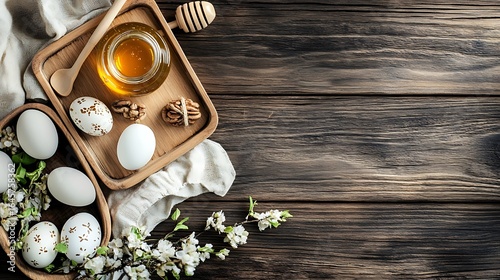 Decorated eggs honey walnuts and blossoms arranged on wooden boards