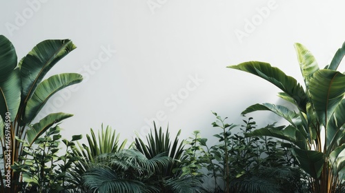 Lush Tropical Greenery with Minimalist Wall Background for Interiors