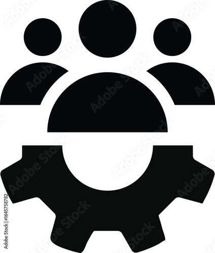 People group with gear icon. project management success sign. company development icons. representing teamwork symbols. partnership in an organization. gear with teamwork
