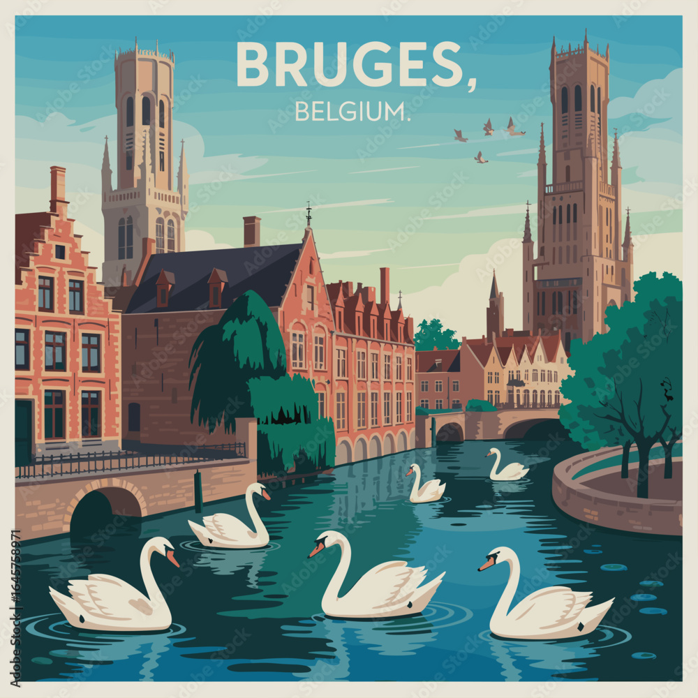 Fototapeta premium Bruges Belgium Medieval Canals and Swans Poster
