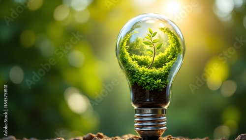 A close up of a lightbulb, partially filled with swirling, vibrant green foliage, symbolizing sustainable growth and the potential of eco friendly lighting