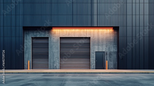 Industrial building facade with roller doors and orange light above entrance