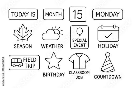 Black and white calendar symbols and text for classroom use