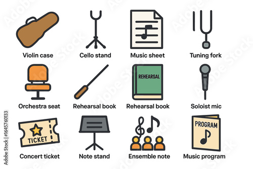Musical instruments and accessories icons - violin, cello, music sheet, microphone, and more