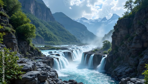 The torrential discharge from glacial melting carves deep, narrow gorges into bedrock