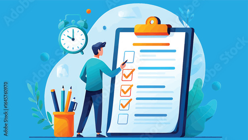 Businessman managing tasks on a giant clipboard checklist. Business planning, productivity, and time management concept in a modern flat vector illustration.