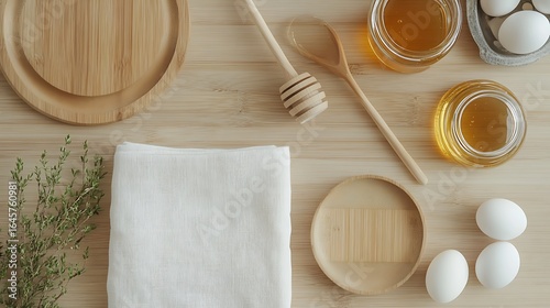 Natural food and ingredients are arranged neatly on a wooden surface
