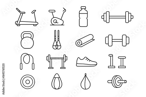 Minimalist fitness icons: treadmill, exercise bike, dumbbells, kettlebell, water bottle