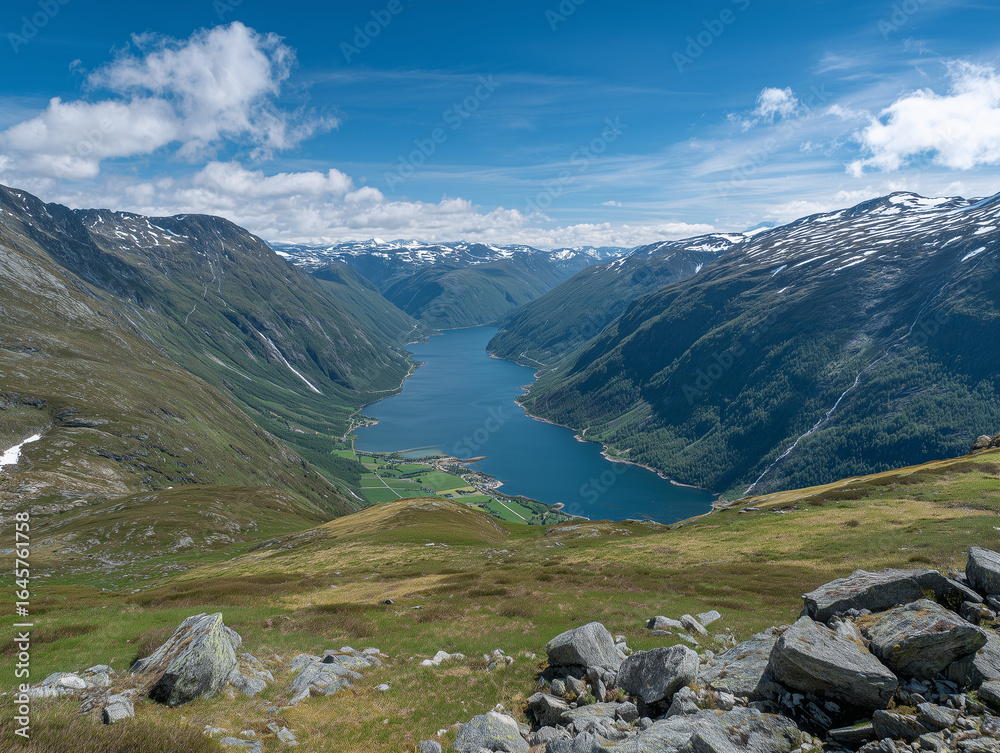 Fototapeta premium Breathtaking fjord landscape dominating norwegian mountains on sunny summer day