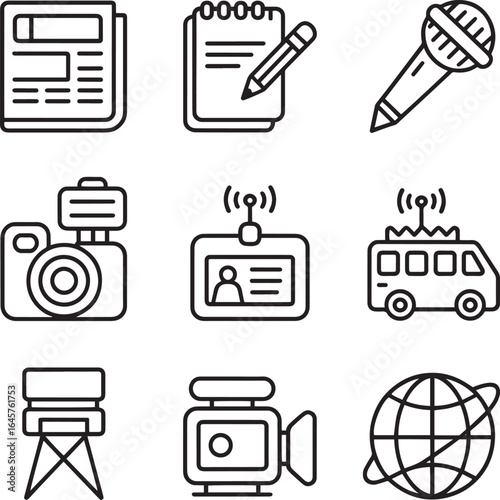 Newspaper microphone camera notebook id badge van globe pencil