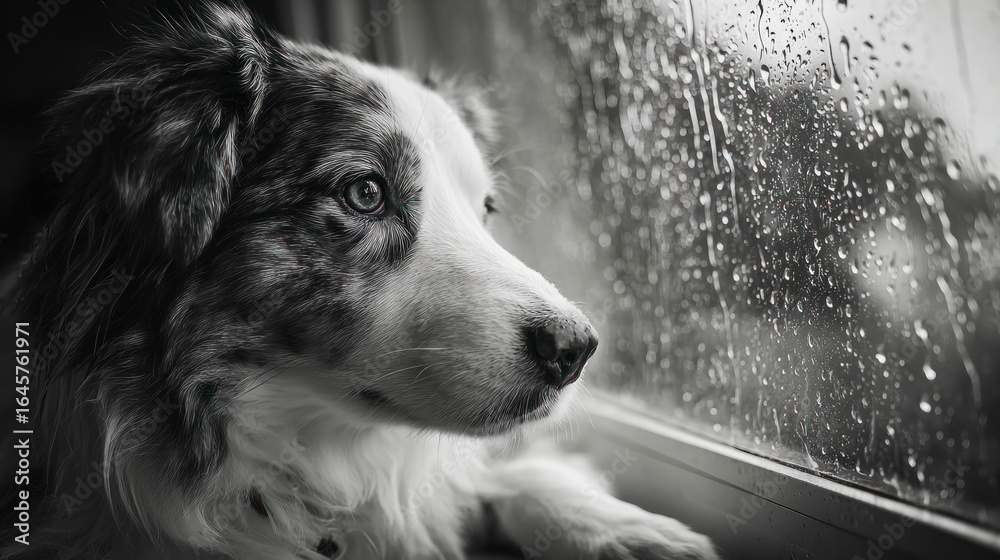Obraz premium Dog looking out window rainy day