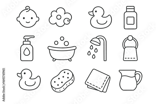 Outline icons of baby essentials for bath time and care