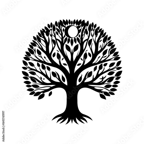 Majestic stylized tree with circular moon shining through foliage, symbol of life