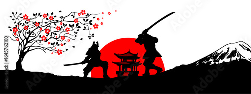 The battle of Japanese samurai against the background of the red sun