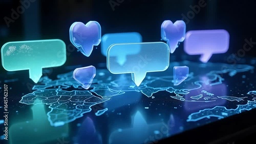Global communication network visualized with glowing speech bubbles over digital world map