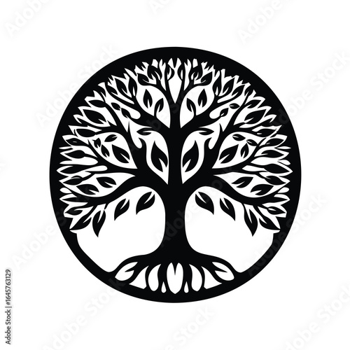 Intricate black and white tree of life symbol within a circle design