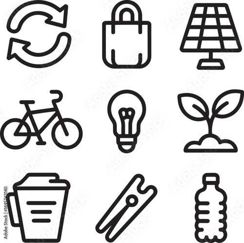 Recycling arrows solar panel bicycle light bulb plant clothespin bottle recycle