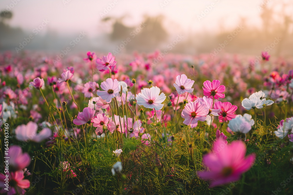 Obraz premium Blooming cosmos flowers in soft morning light 