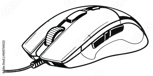 Illustration of a wired computer mouse with a scroll wheel and side buttons in black and white style