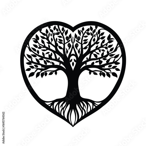 Heart Shaped Tree of Life Silhouette with Roots and Branches Isolated