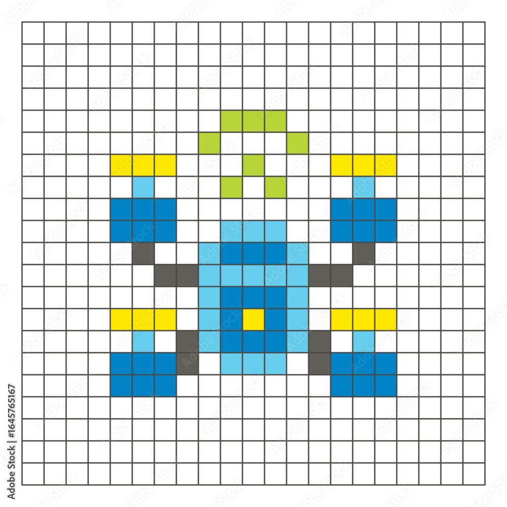 Fototapeta premium A flat pixel design made of geometric square color blocks on a clean grid layout. Pixel art drone