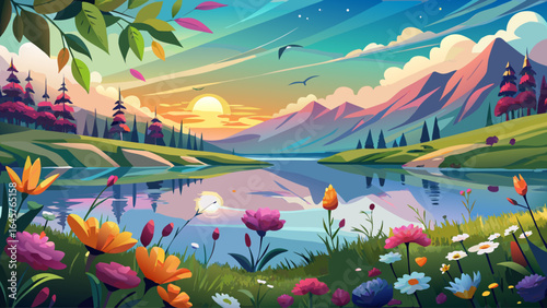 Soft breezes carry floral scents across vibrant meadows, as the reflection dances upon the lake’s glassy surface, blending reality and dream in a serene, semi-realistic vision of pastoral beauty.