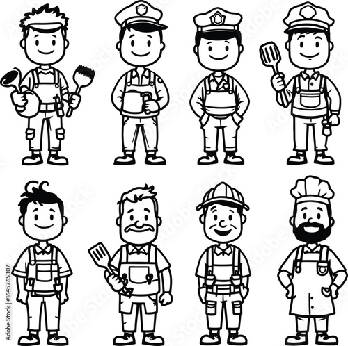 Black and white line art of different professions in cartoon style on a white background showing diversity