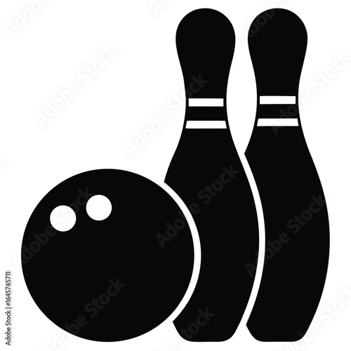 Black silhouette of a bowling ball and two pins with white stripes on a white background sport