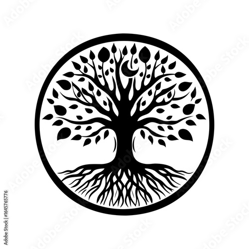 Stylized Tree of Life Symbol in Black and White Circular Design