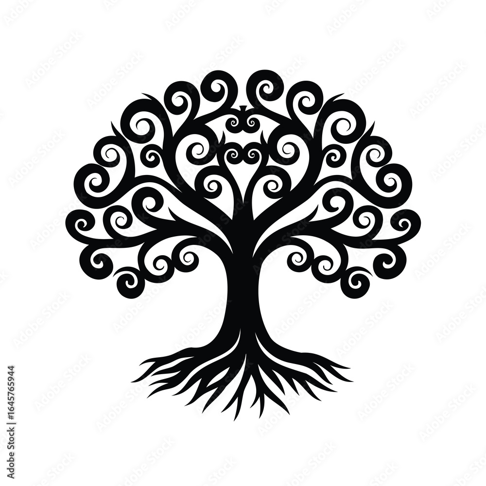 Obraz premium Stylized Ornamental Tree with Swirling Branches and Roots in Black Silhouette