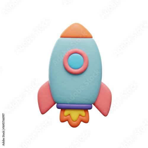 A whimsical render of a light blue rocket with an orange top and pink fins, emitting a bright yellow flame, symbolizing launch, progress, and future endeavors.