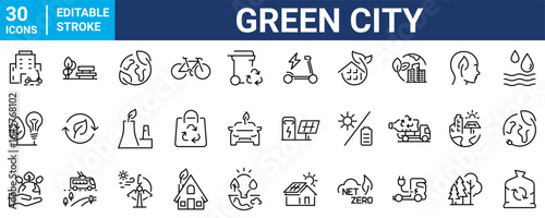 Green city Web Icon Set in Line Style. Collection of Green energy Linear Icons, Including renewable energy, autonomous building, air and water quality, zero waste, environmental. Editable Stroke
