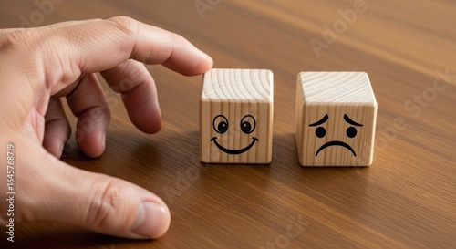 Hand chooses smiling wooden cube over a sad one, on a wood table