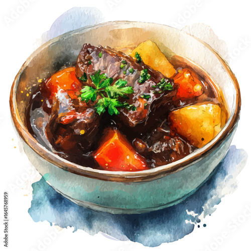 Beef Stew in watercolor style, vector illustration, isolated on white background.