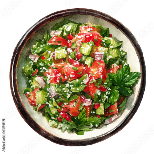 Watercolor vector illustration of Tabbouleh Salad, isolated on white background.