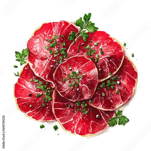 Beef Carpaccio, watercolor painting, vector illustration, isolated on a white background.
