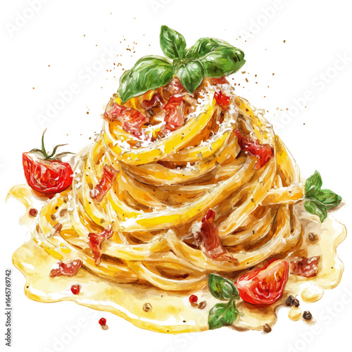 Spaghetti Carbonara in watercolor style, vector illustration, isolated on white background.